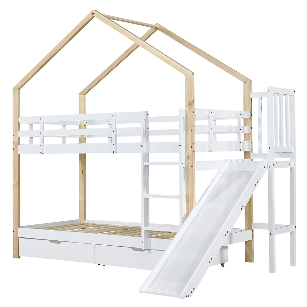 Lit superposé en pin blanc avec toboggan 90 x 200 cm Lit superposé en pin blanc avec toboggan 90 x 200 cm