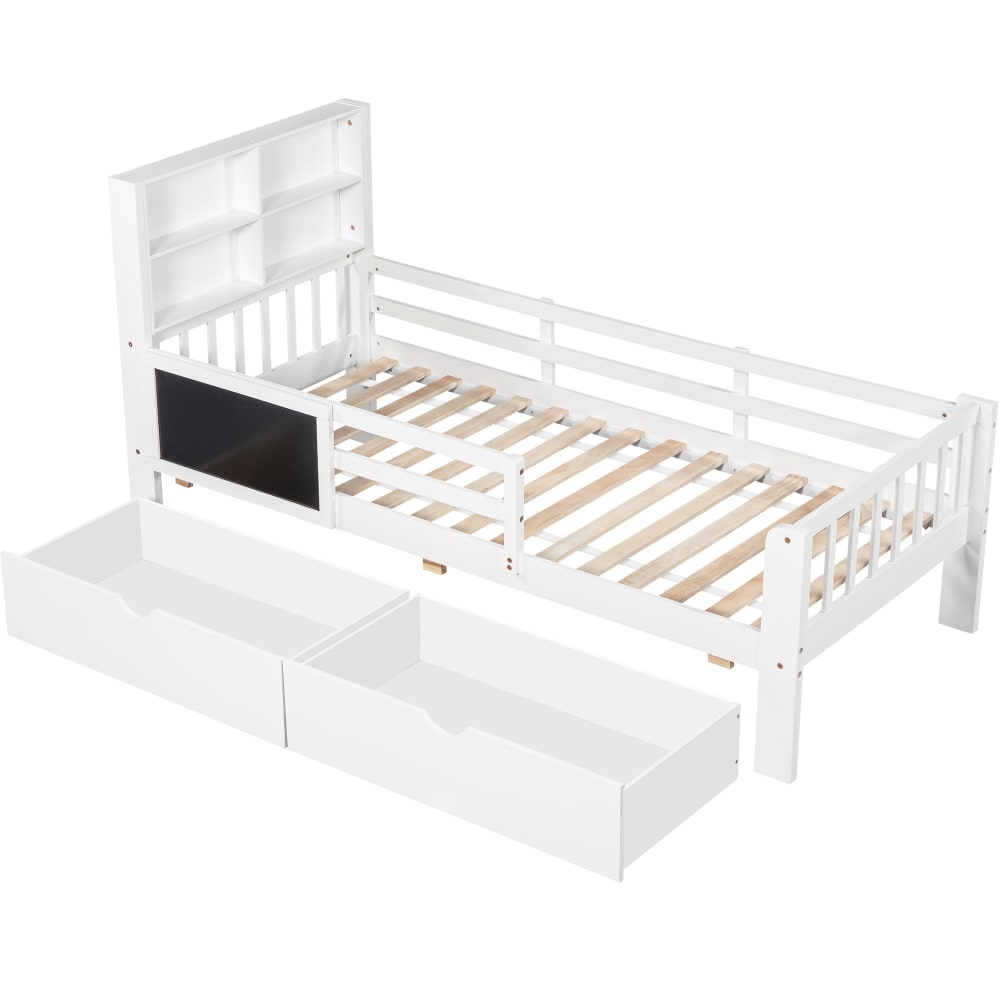 Lit enfant en pin blanc avec tiroirs et tableau 90 x 200 cm