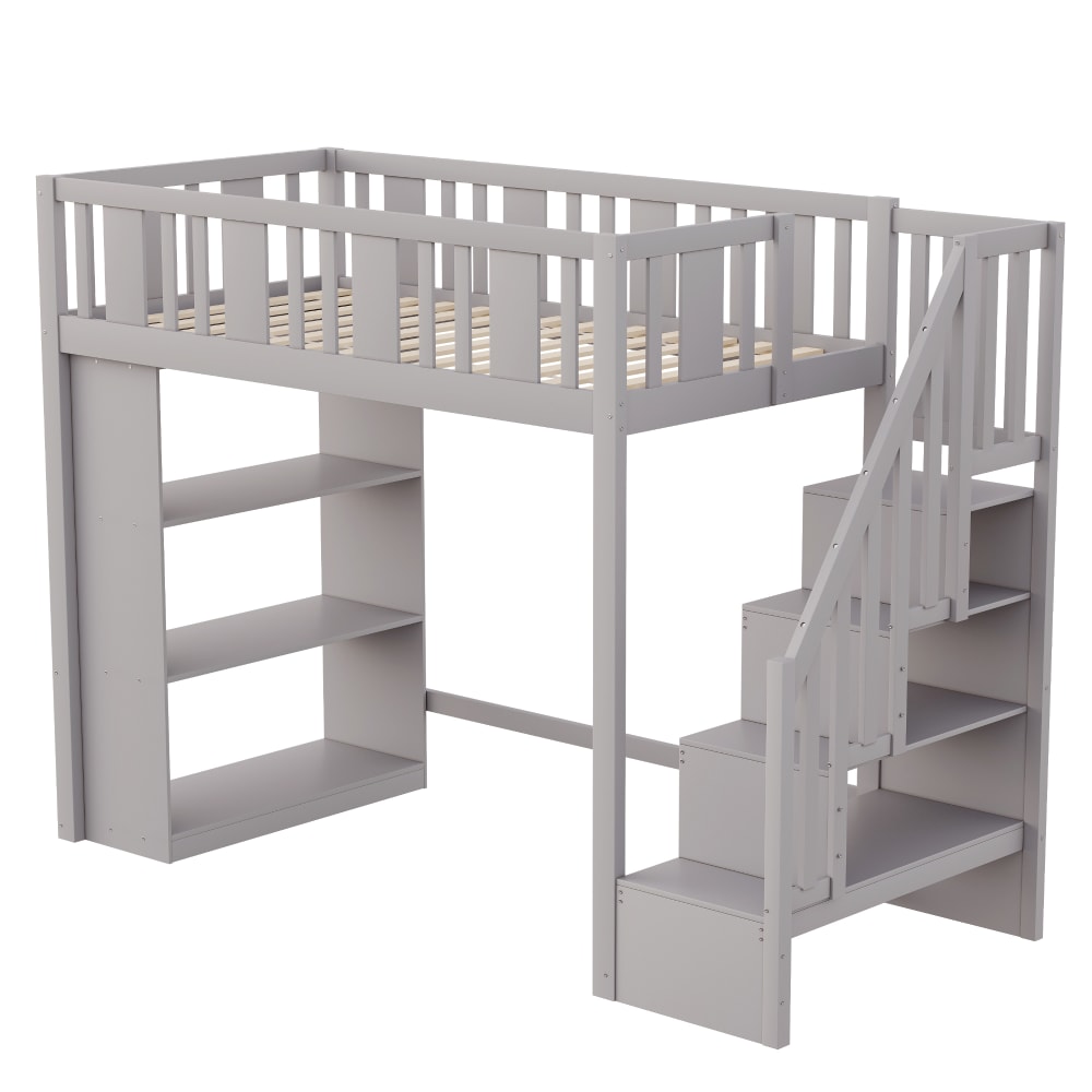 Lit mezzanine 90x200 cm en pin gris avec escalier de rangement Lit mezzanine 90x200 cm en pin gris avec escalier de rangement