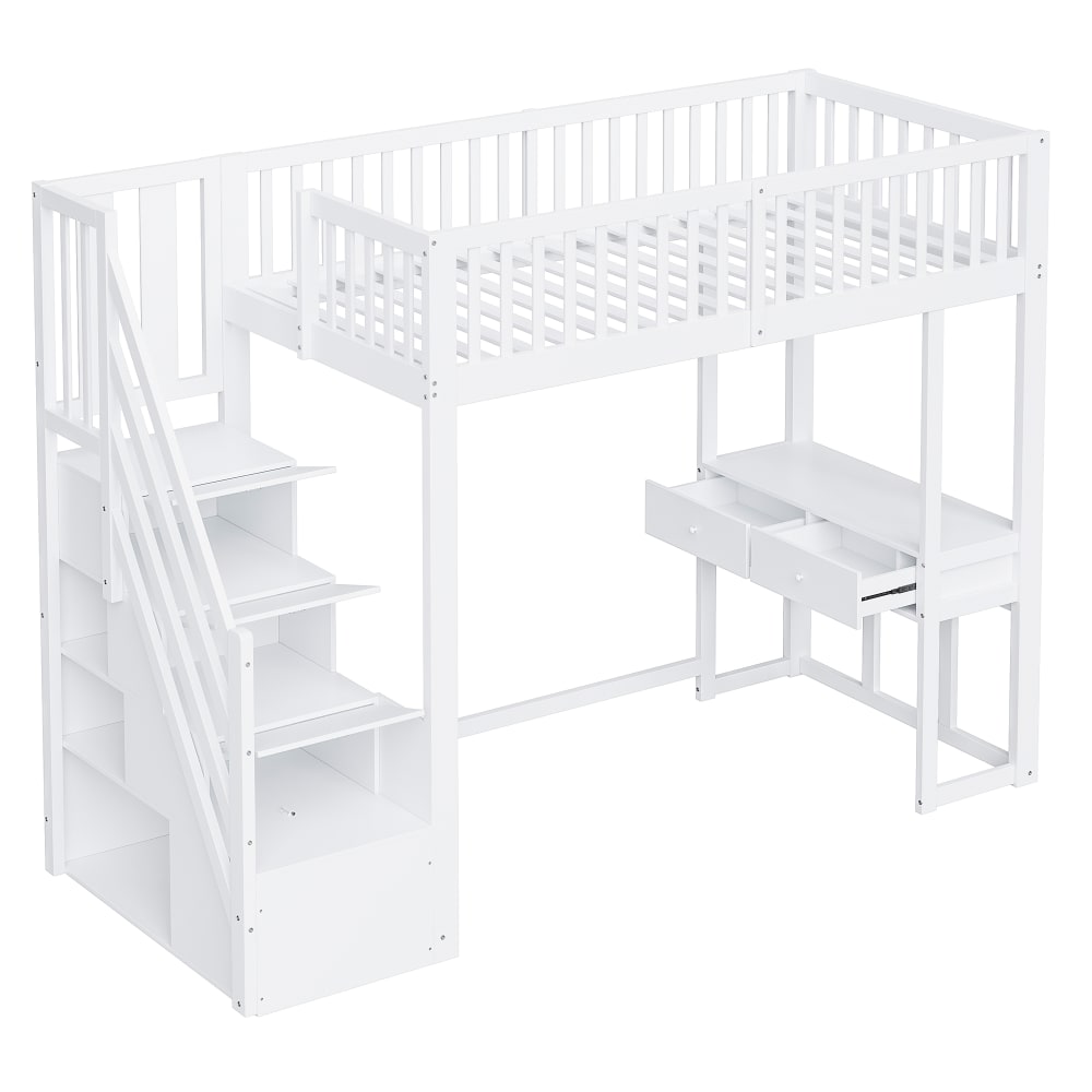 Lit mezzanine en pin blanc avec bureau et rangements 90 x 200 cm