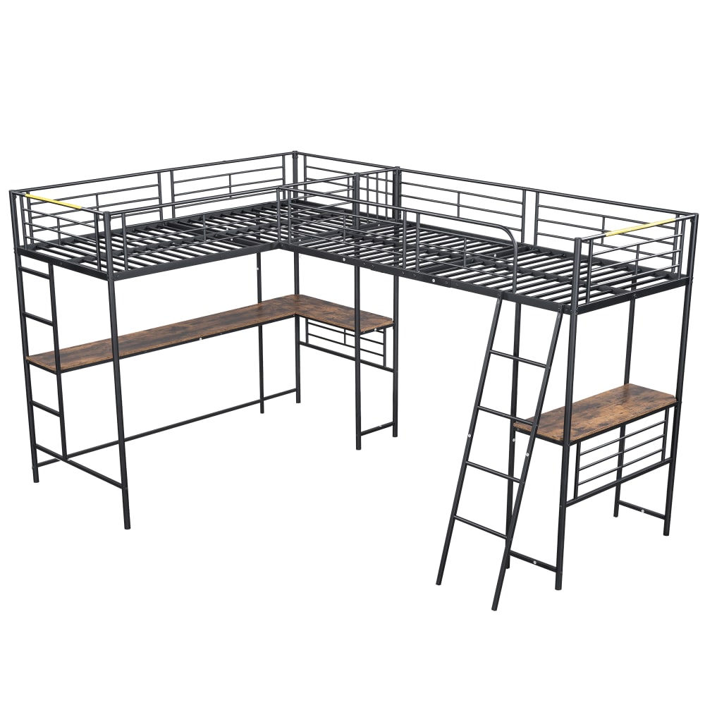 Lit mezzanine en métal noir avec bureau et escalier 90 x 200 cm