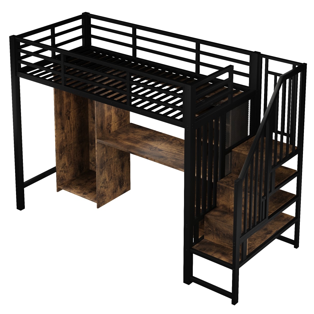 Lit mezzanine en métal noir avec armoire et bureau 90 x 200 cm