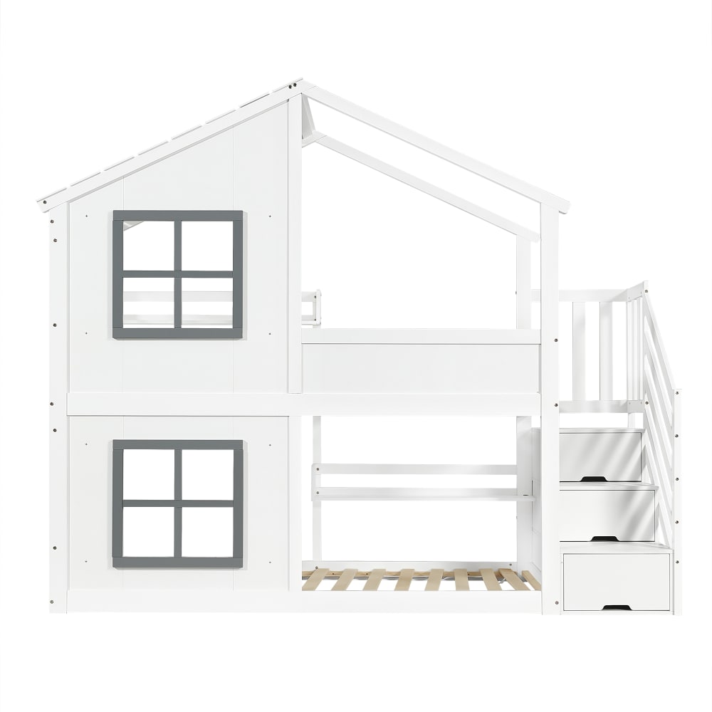 Lit superposé en pin blanc et gris avec escalier 90 x 200 cm