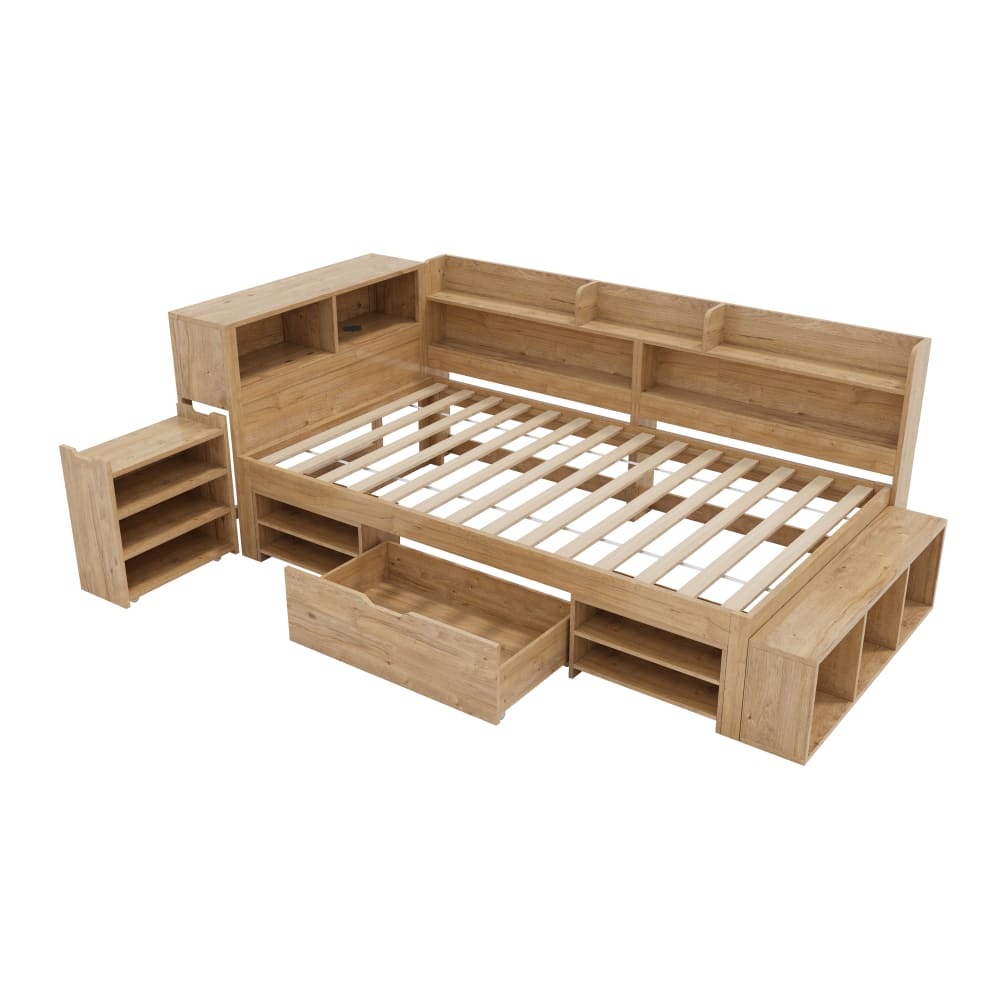 Lit enfant marron avec rangement et charge sans fil 90 x 200 cm