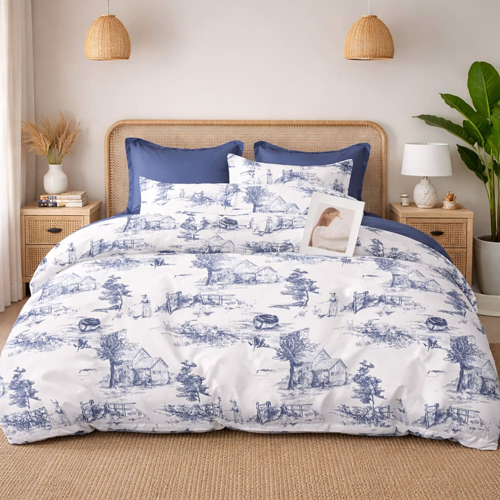 Parure de lit en percale de coton motif bleu toile de jouy 240x220 cm