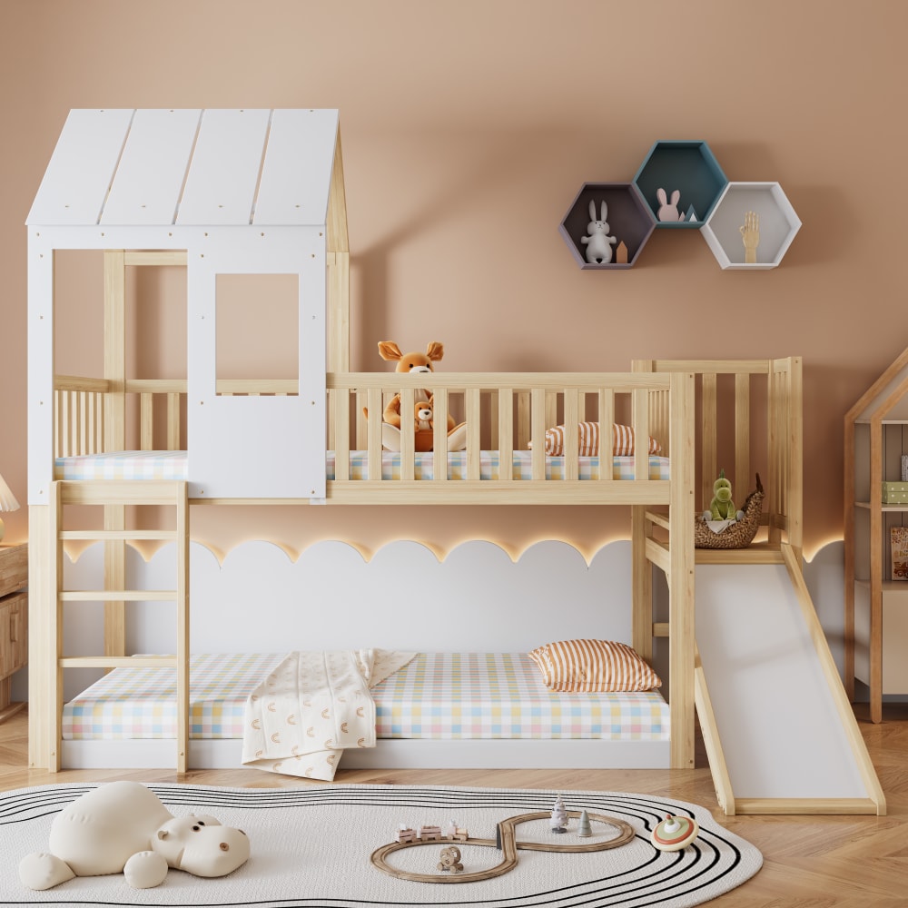 OKWISH Etagenbett aus Holz mit Rutsche und Hausdach 90x200 cm, braun Holz Baby