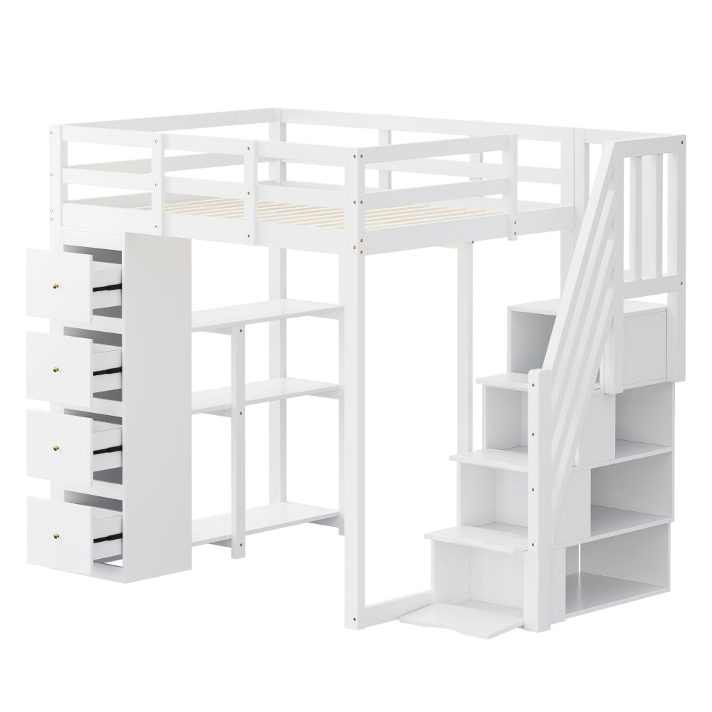 Lit mezzanine en pin blanc avec rangement 140 x 200 cm
