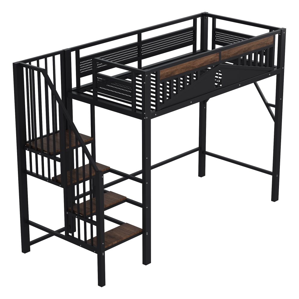 Lit mezzanine en métal noir avec échelle de rangement 90 x 200 cm