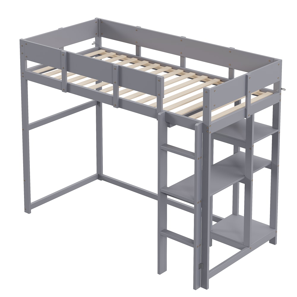 Lit mezzanine en pin gris avec étagère 90 x 200 cm