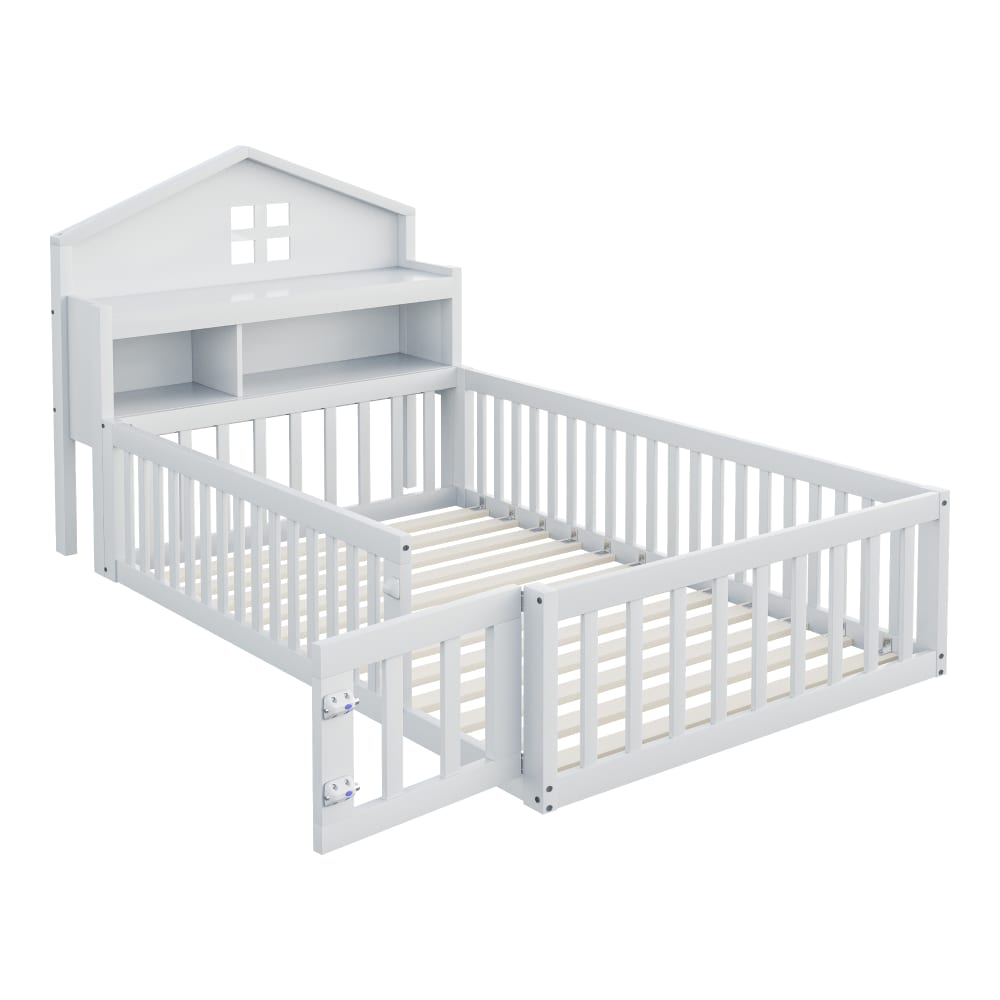 Lit enfant en forme de maison en pin blanc avec rangements 90 x 200 cm