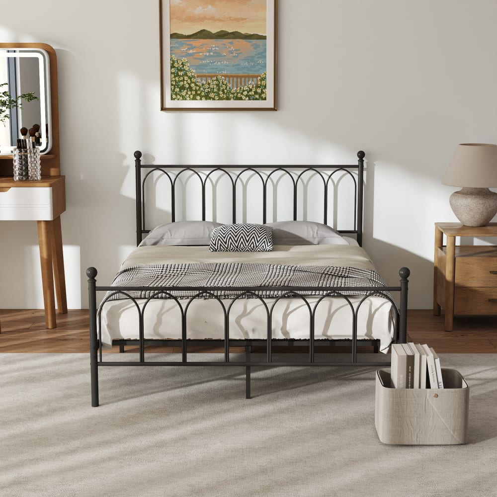 OKWISH Metallbett mit Lattenrost 140x200 cm ohne Martatze, Schwraz Schwarz Metall