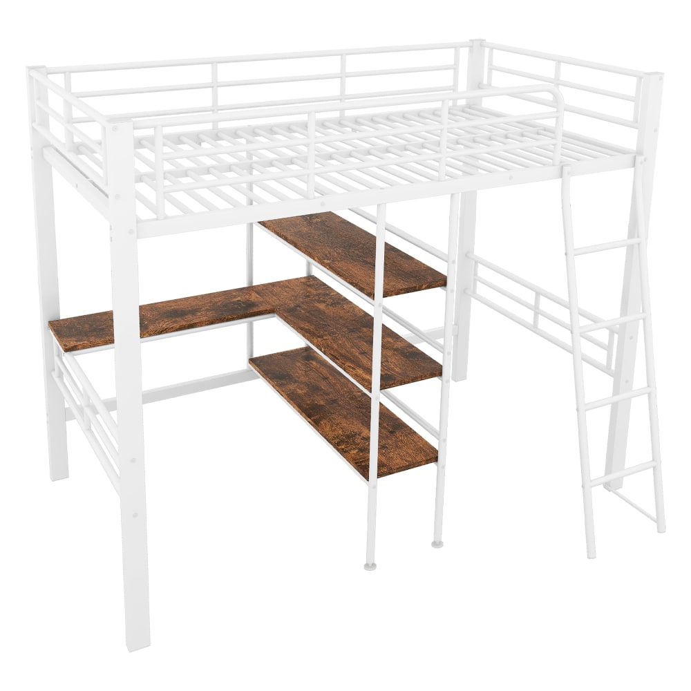Lit mezzanine en métal blanc avec bureau et étagères 90 x 200 cm