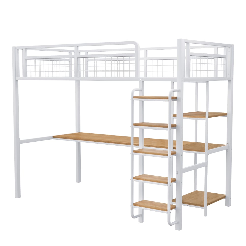 Lit mezzanine en métal blanc avec bureau et étagères 90 x 200 cm