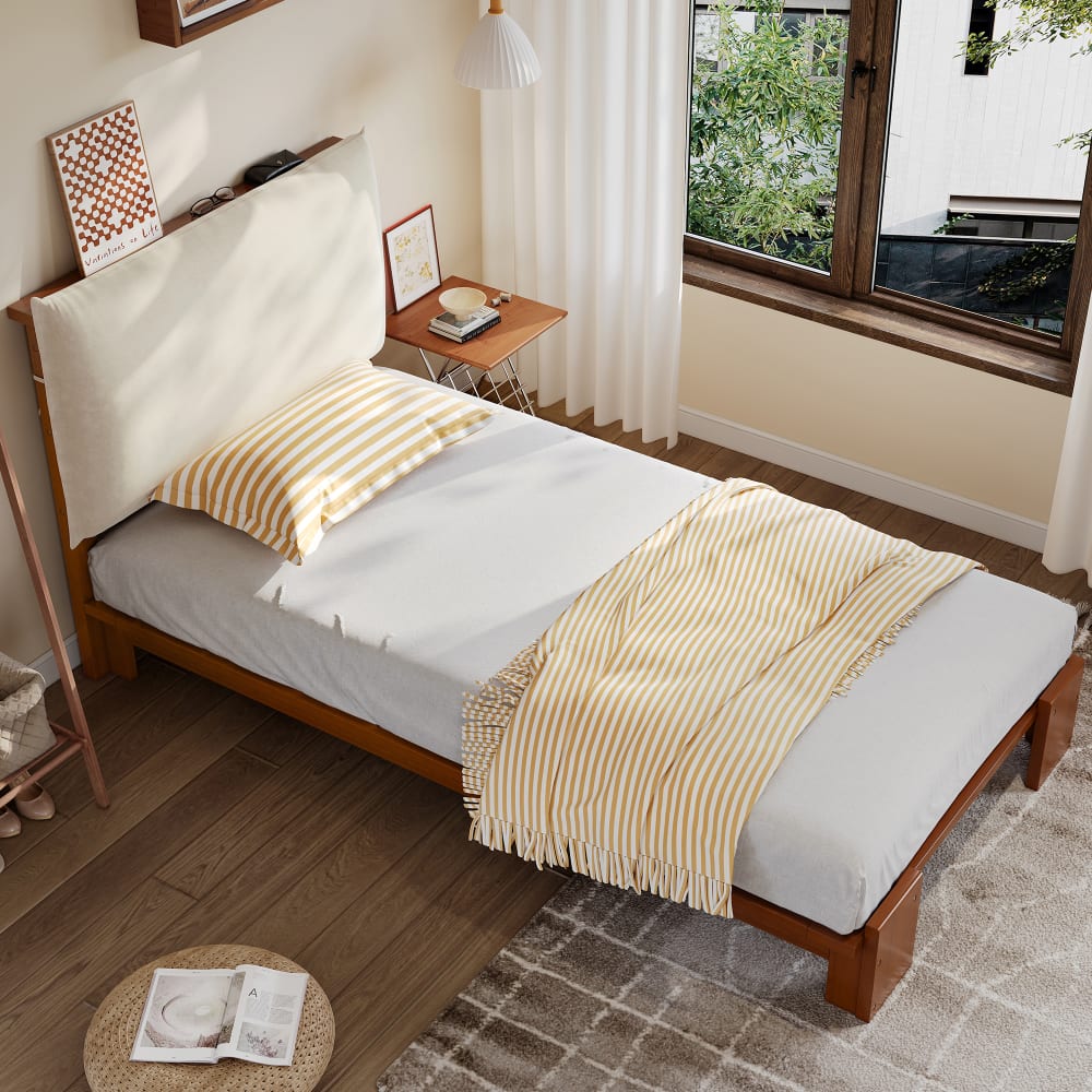 Kinderbett aus Holz mit gepolsterter Lehne 90x200 cm, braun -