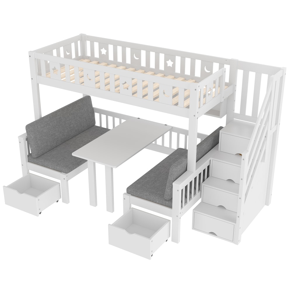 Lit mezzanine en pin blanc avec bureau et rangement 90 x 200 cm