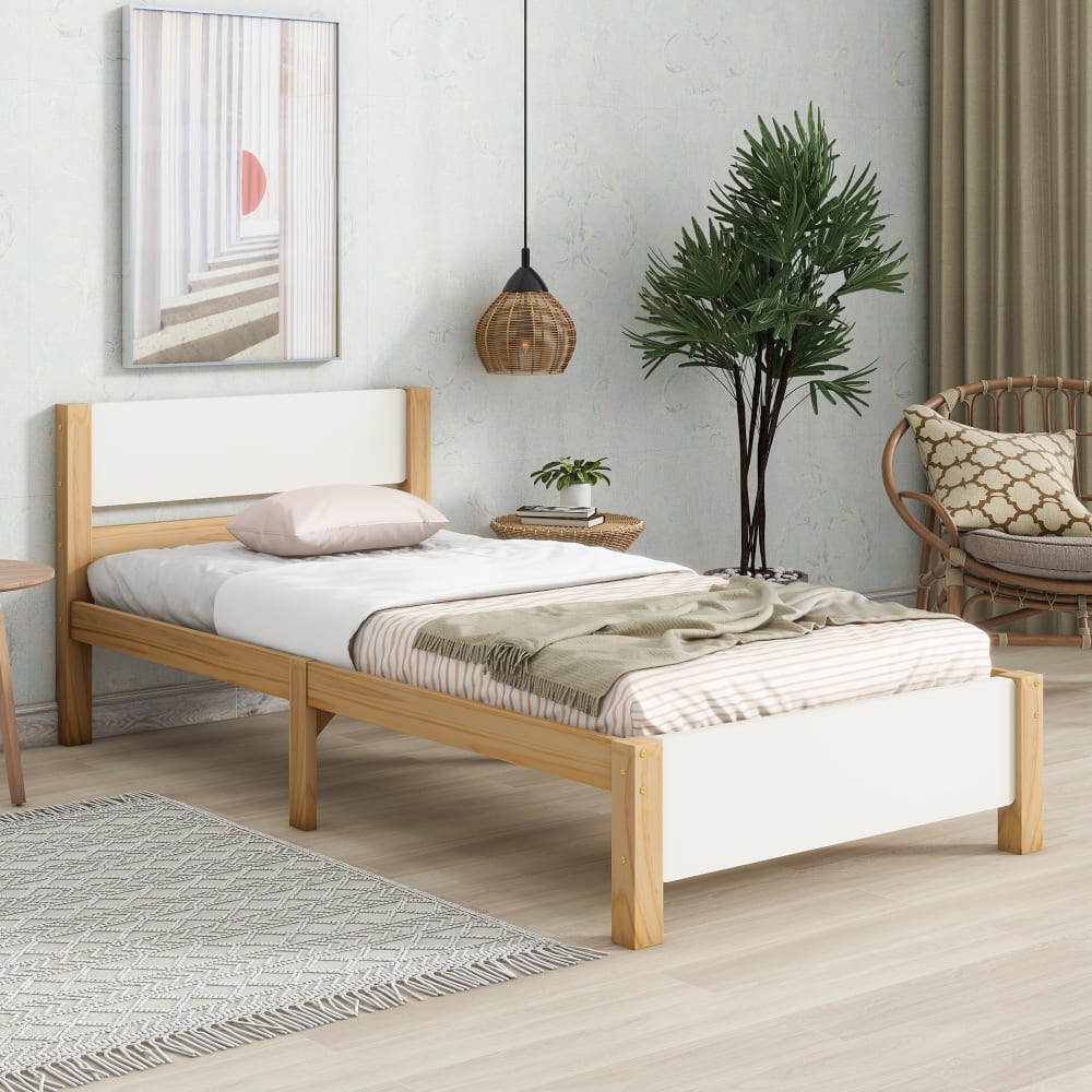 Einzelbett aus Kiefer und MDF mit Kopfteil 90x200 cm, weiß -