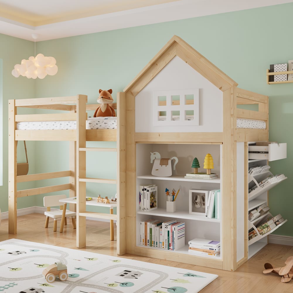 OKWISH Hochbett aus Kiefer und MDF mit Stauraum 90x200 cm, weiß+natur style modern Holz Baby