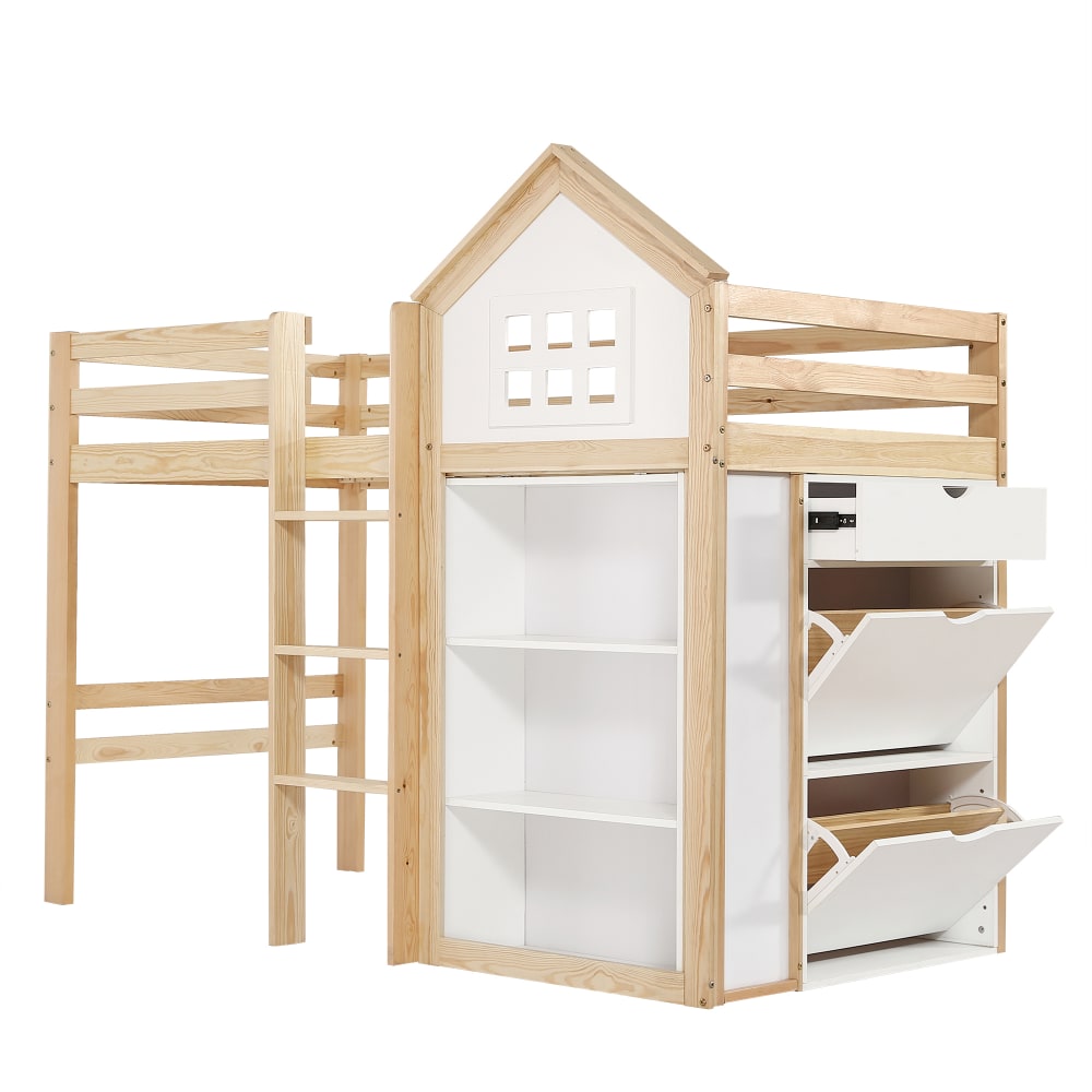 Lit mezzanine en pin blanc avec rangements 90 x 200 cm