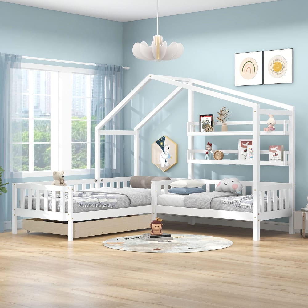 Kinderbett aus Kiefer mit Schublade und Regalen 90x200 cm, weiß -