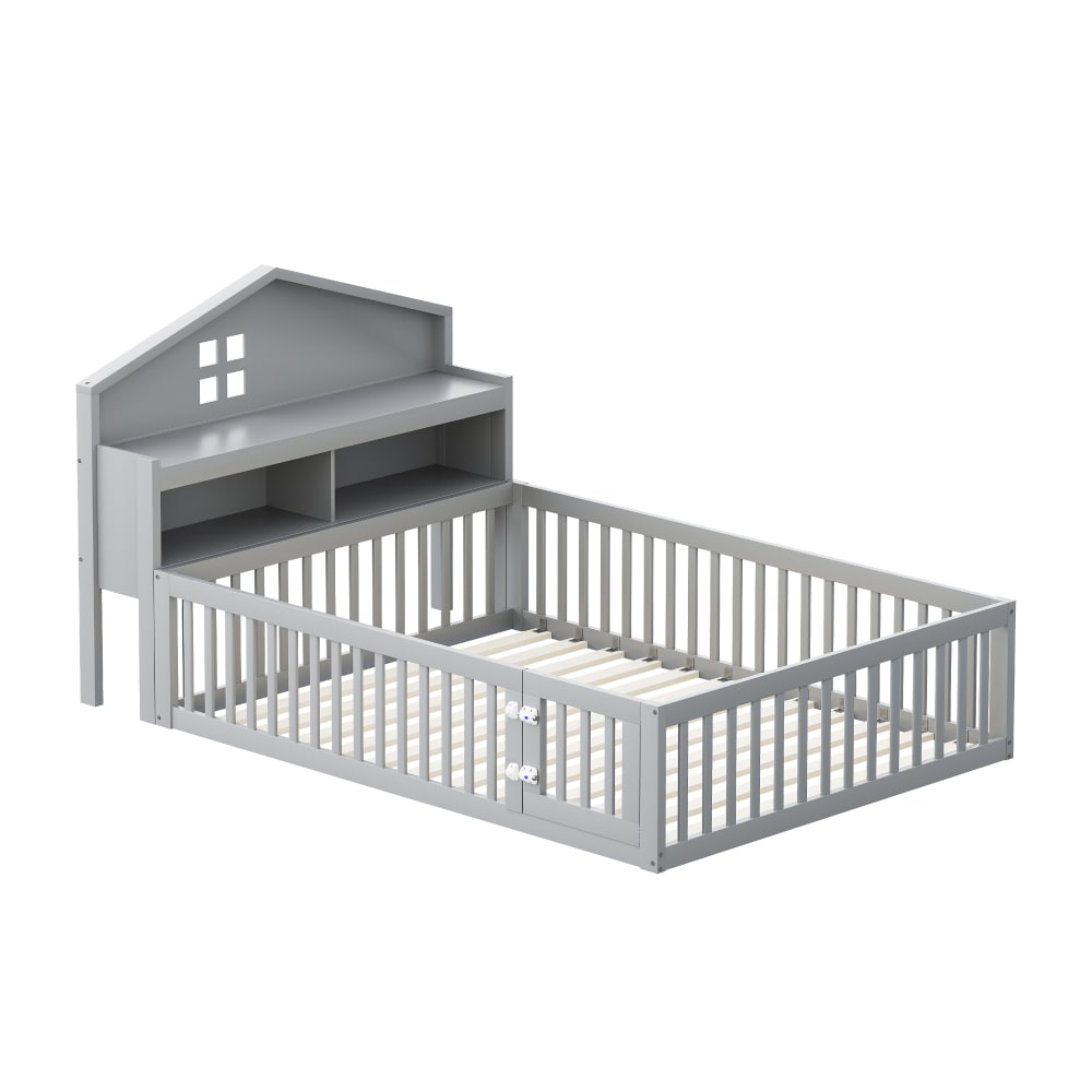 Lit enfant en forme de maison en pin gris avec rangements 140 x 200 cm