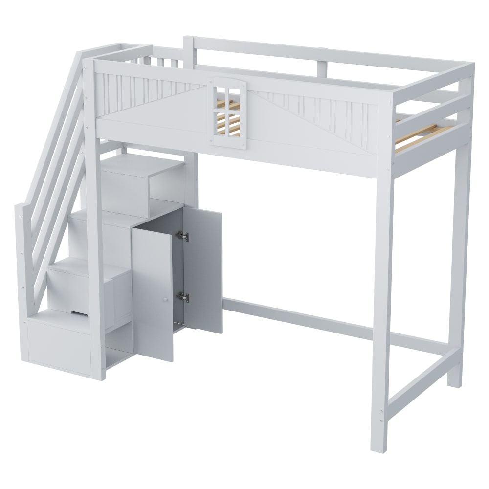 OKWISH Hochbett aus Kiefer mit Stauraum und Leiter 90x200 cm, grau Holz Baby