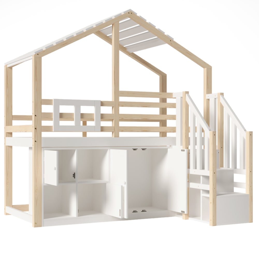 OKWISH Hochbett aus Kiefer mit Stauraumleiter und Bettgitter 90x200 cm, weiß Holz Baby