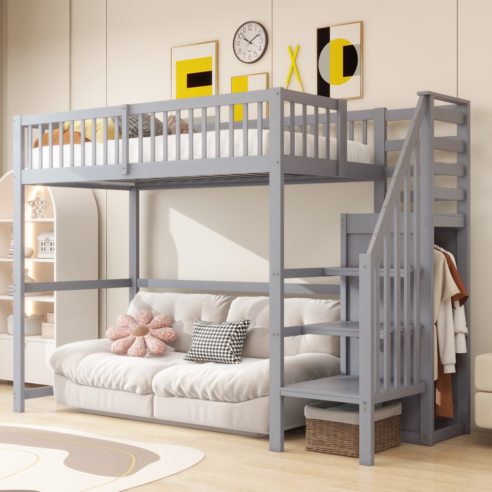 OKWISH Hochbett aus Holz mit Treppe und Kleiderschrank 90x200 cm, grau Holz Baby