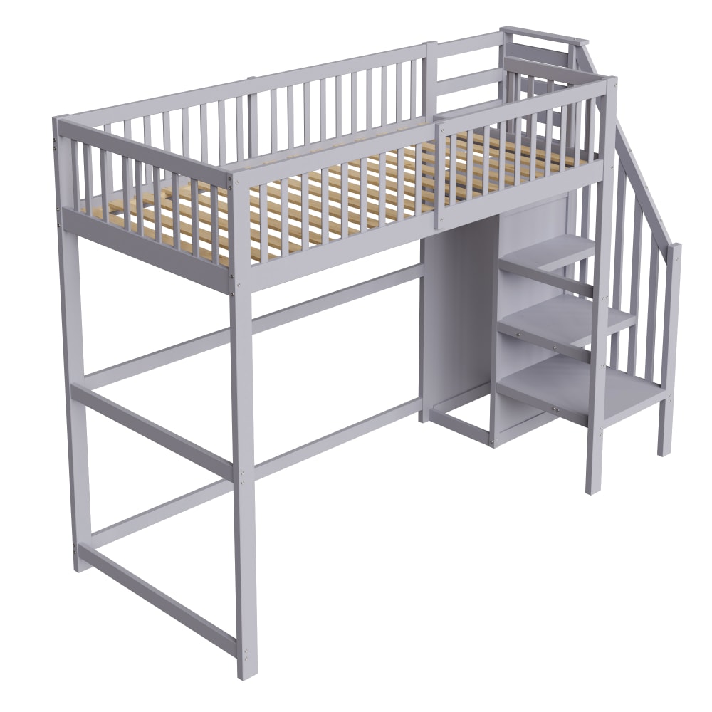 Hochbett aus Holz mit Treppe und Kleiderschrank 90x200 cm, grau -