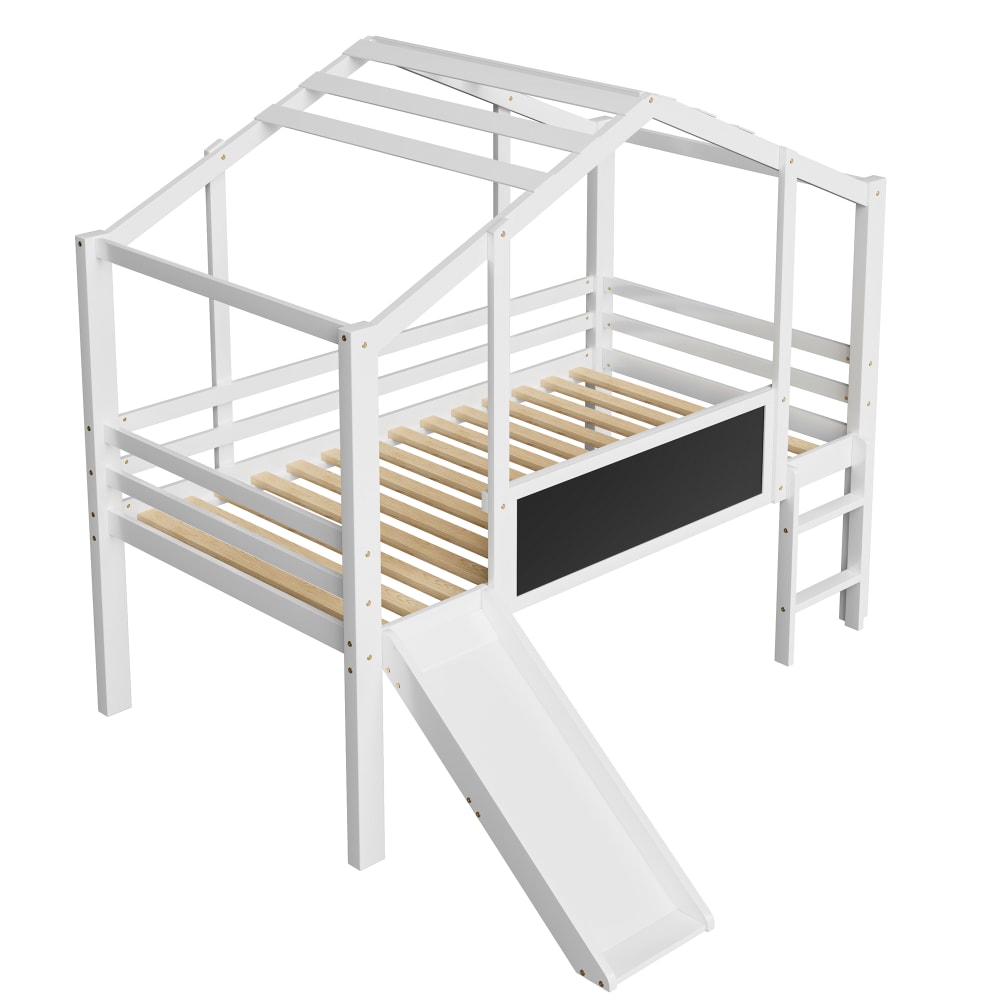 Lit mezzanine en bois massif blanc avec toboggan 90 x 200 cm