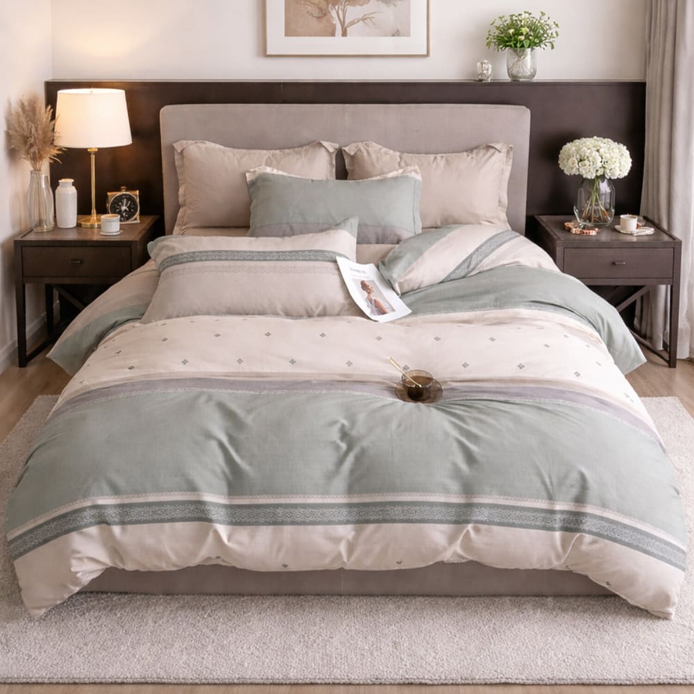 Parure de lit percale de coton rayures beige vert 240x220 cm