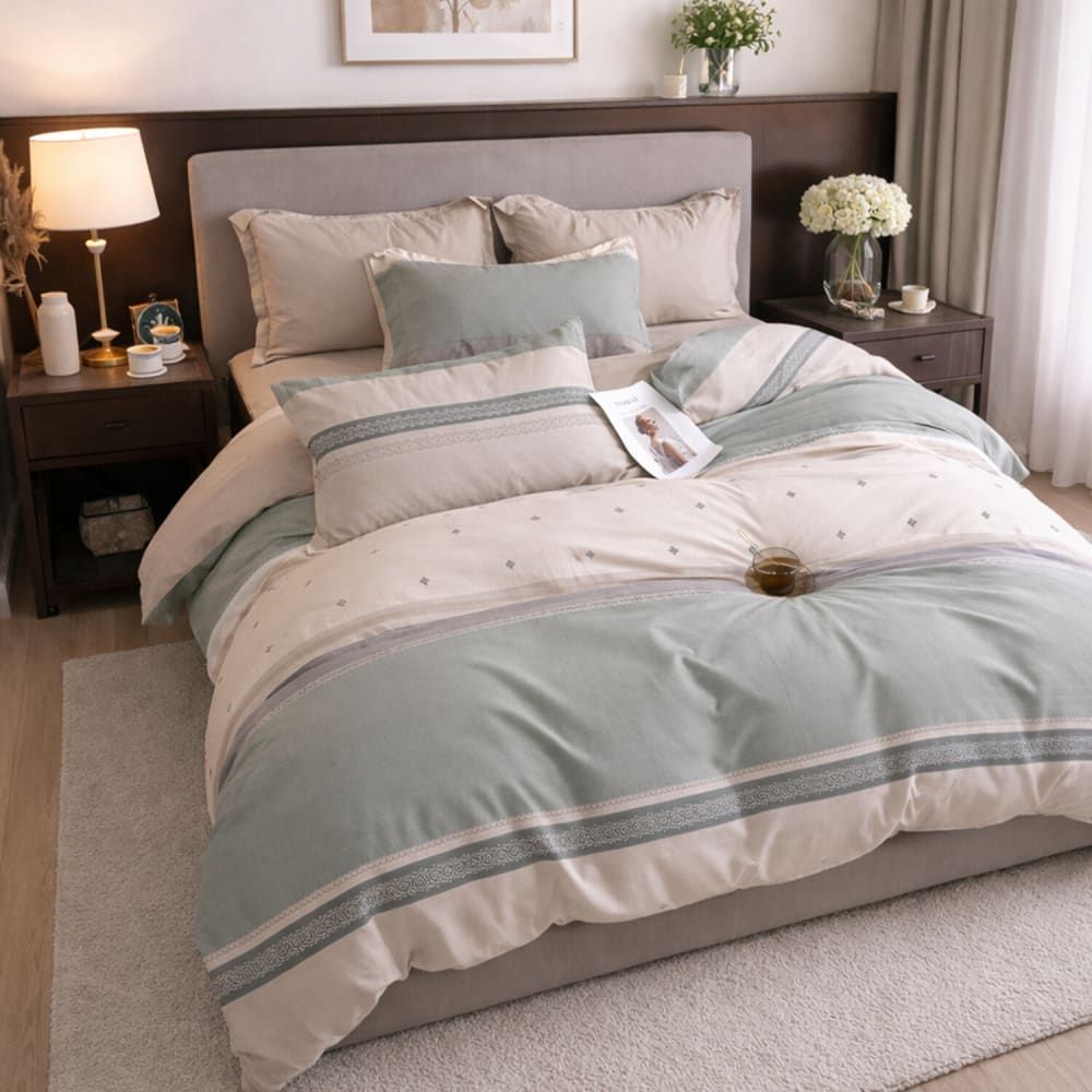 Parure de lit percale de coton rayures beige vert 240x220 cm - Maisons du Monde