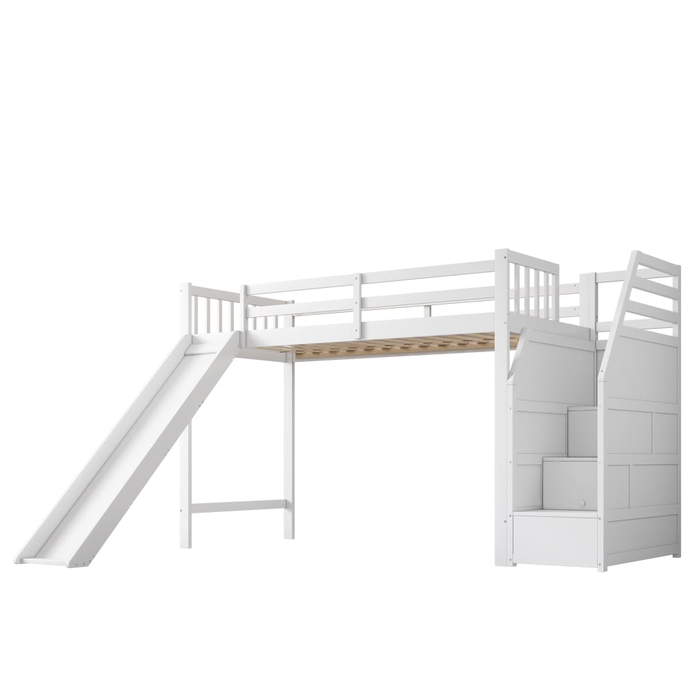 Lit mezzanine enfant en pin blanc avec toboggan 90 x 200 cm