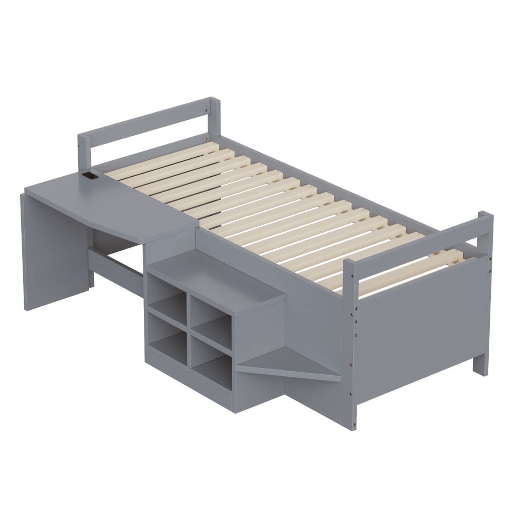 Lit enfant en pin gris avec bureau et rangement 90 x 200 cm