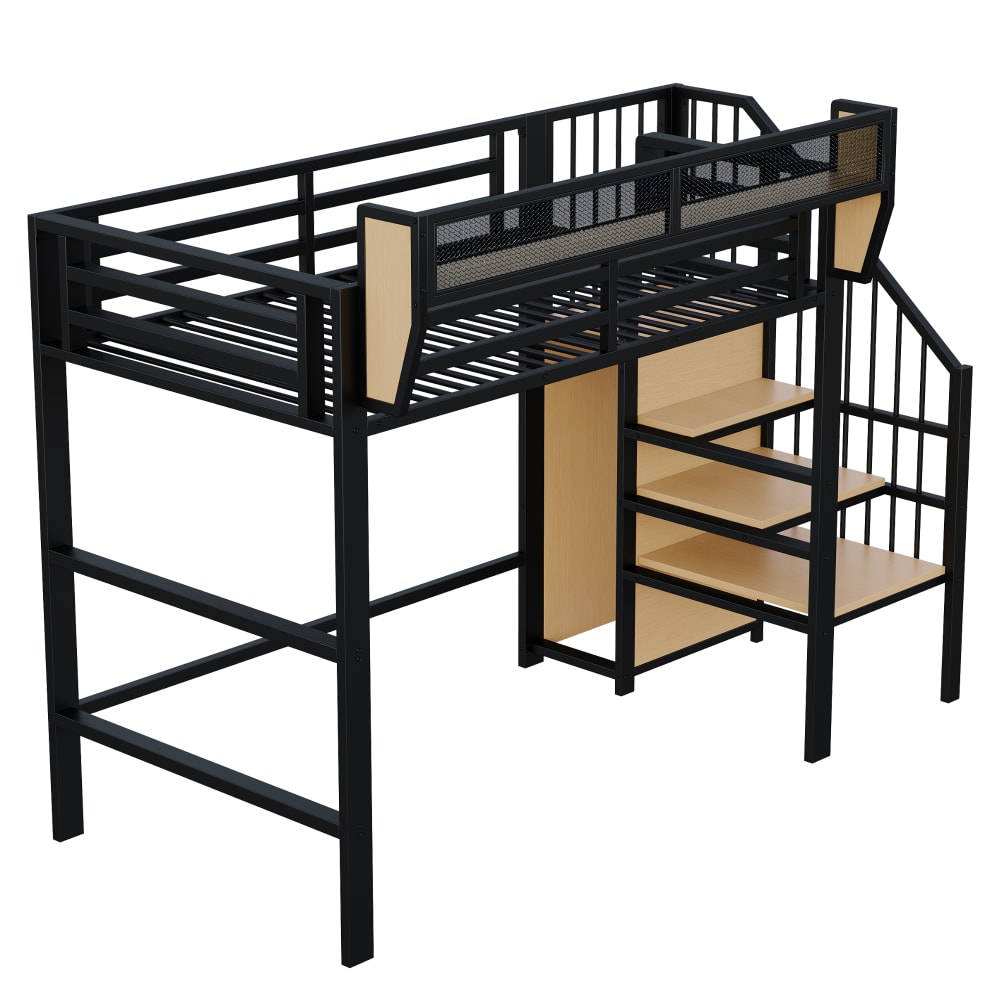 Lit mezzanine en métal noir avec étagère 90 x 200 cm