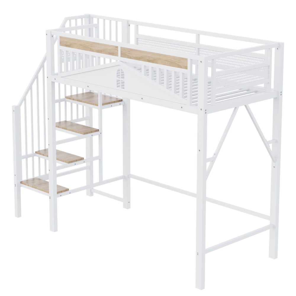Lit mezzanine en métal blanc avec escalier de rangement 90 x 200 cm