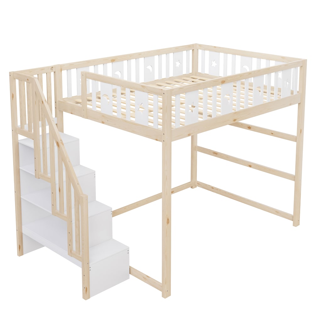 Lit mezzanine en pin blanc et bois clair avec escalier 140 x 200 cm