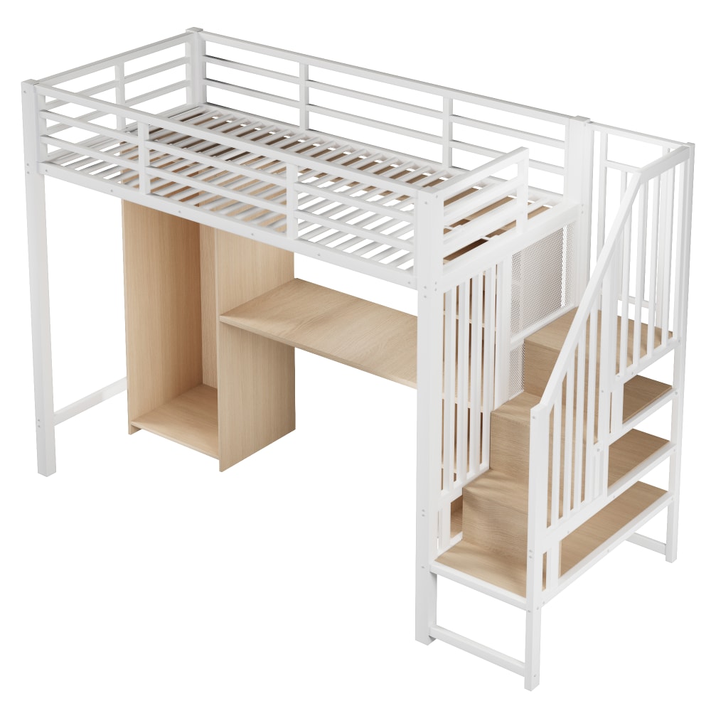 Lit mezzanine en métal blanc avec bureau et armoire 90 x 200 cm