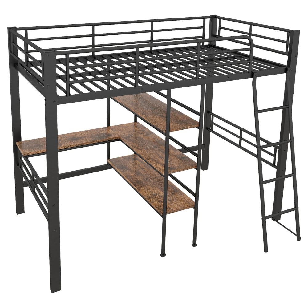Lit mezzanine en métal noir avec bureau et étagères 90 x 200 cm