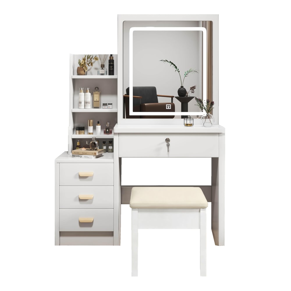 Coiffeuse blanche avec miroir led, tabouret et tiroir 85 x 34 x 130 cm