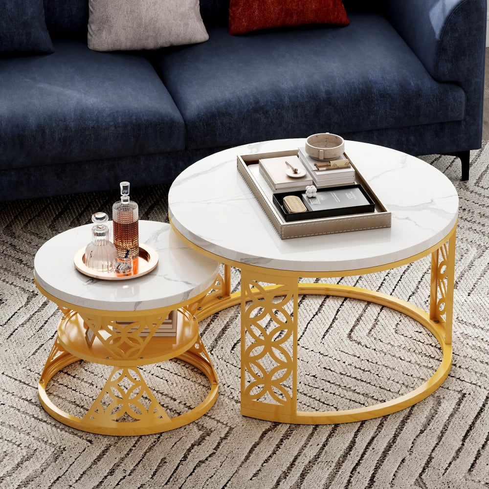 Couchtisch-Set aus Metall mit weißer platte, Gold - Maisons Du
