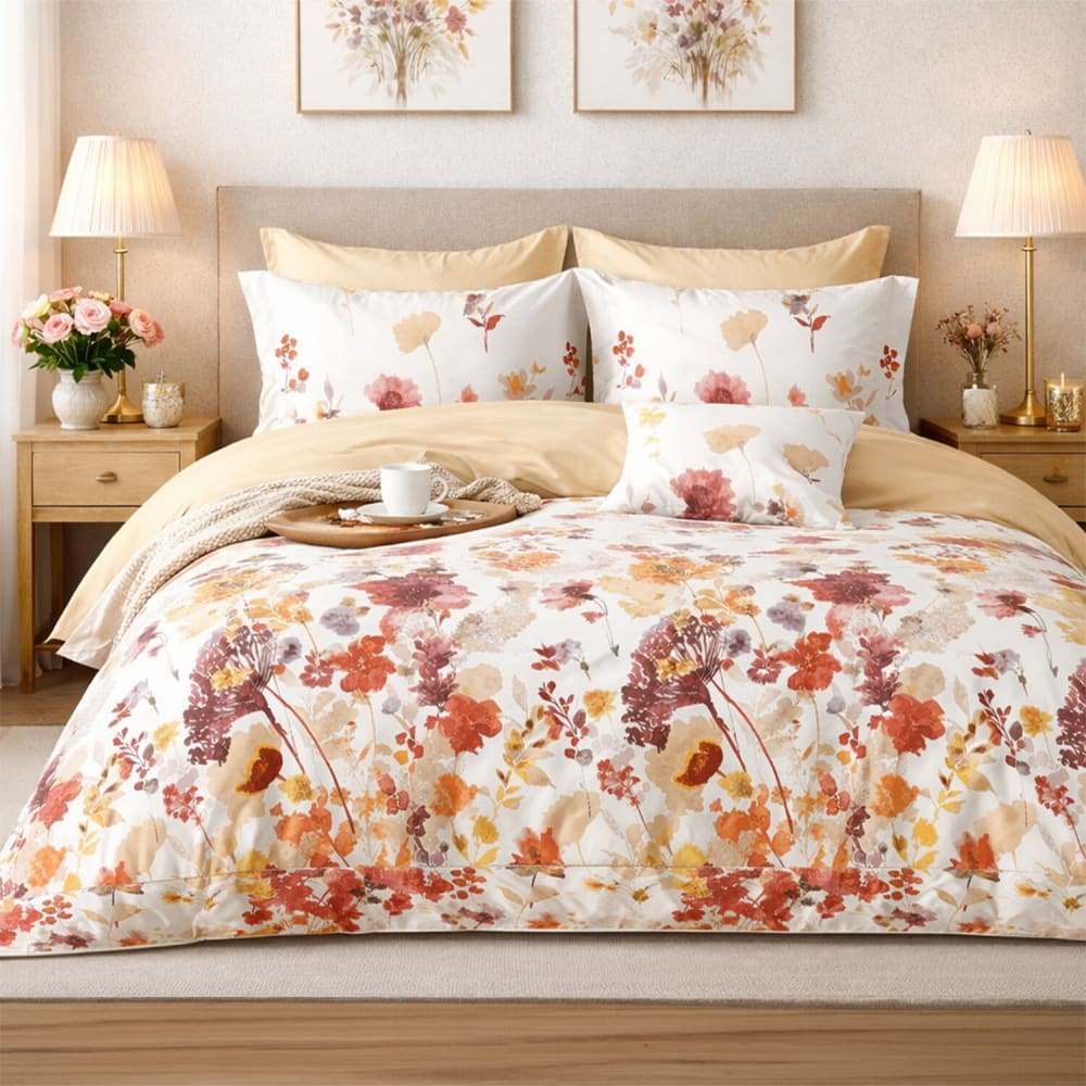 Parure de lit en percale de coton floral aquarelle orange 240x220 cm