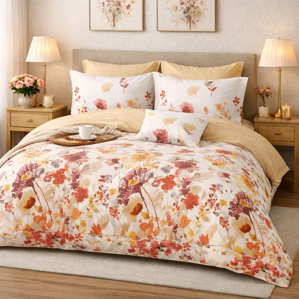 Parure de lit en percale de coton floral aquarelle orange 240x220 cm — vue 3