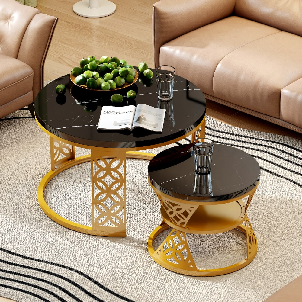 Couchtisch-Set aus Metall mit schwarzer platte, Gold - Maisons Du