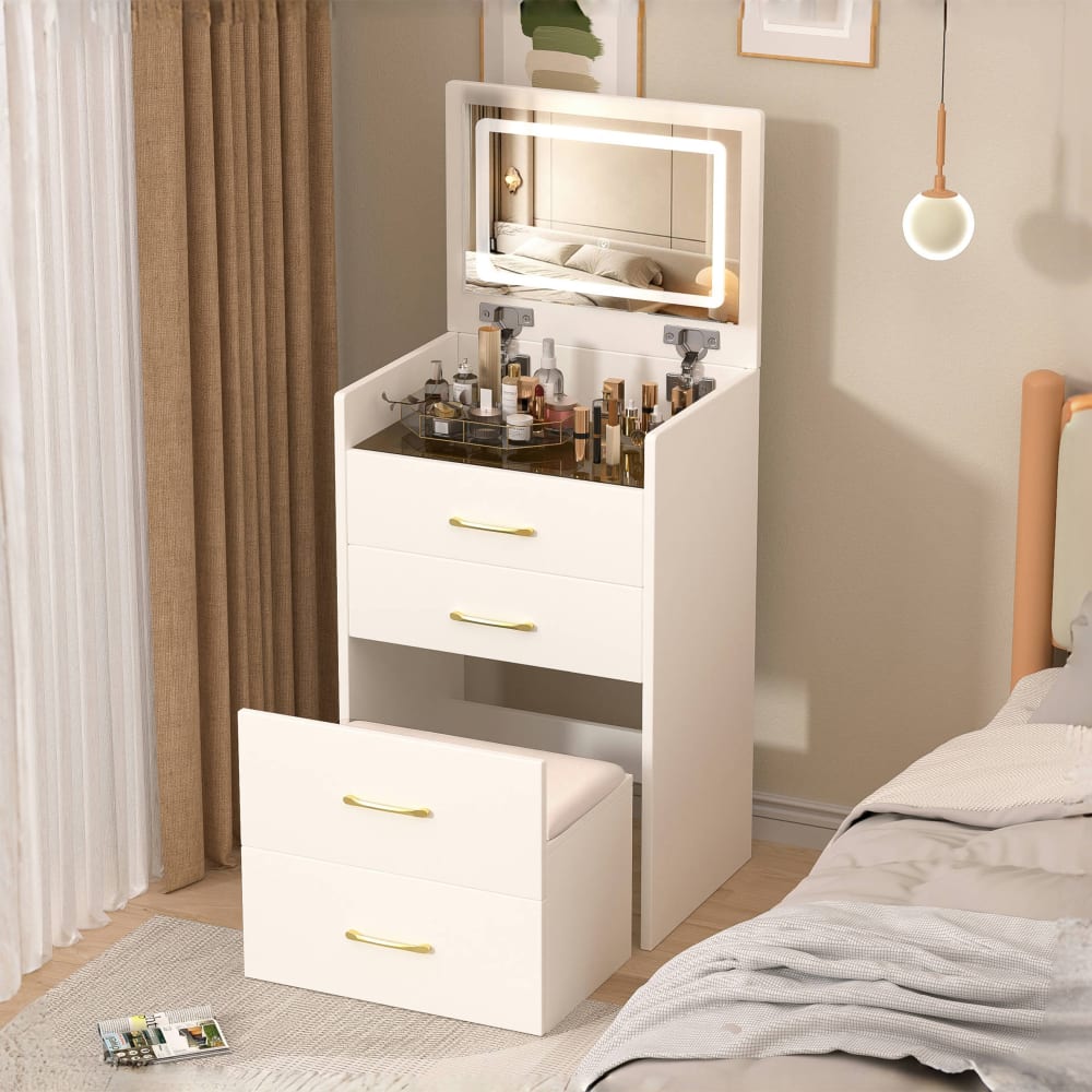 Schminktisch mit Klappspiegel, Hocker und Schubladen 60x40x118cm,