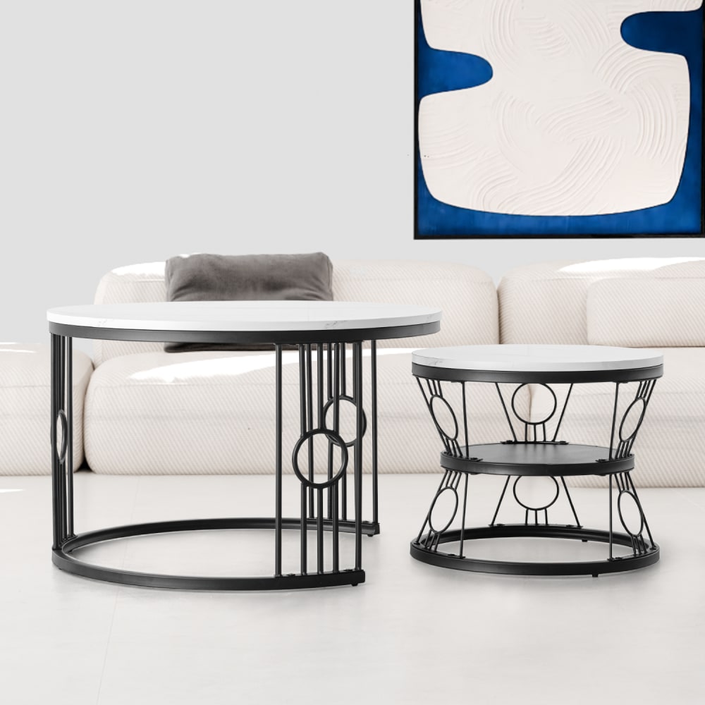 Couchtisch-Set aus Metall mit MDF-Tischplatte, Schwarz+Weiß -