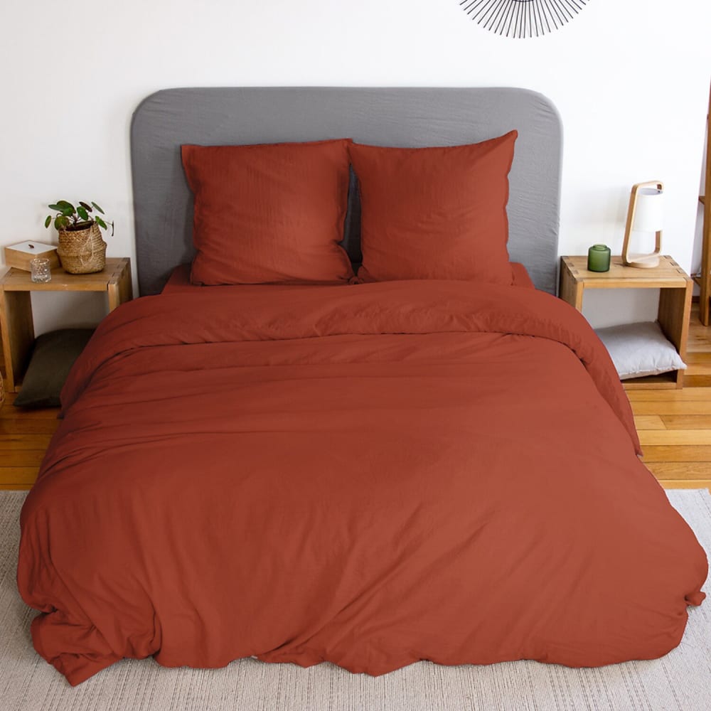 Parure de lit microfibre lavée terracotta 260x240cm