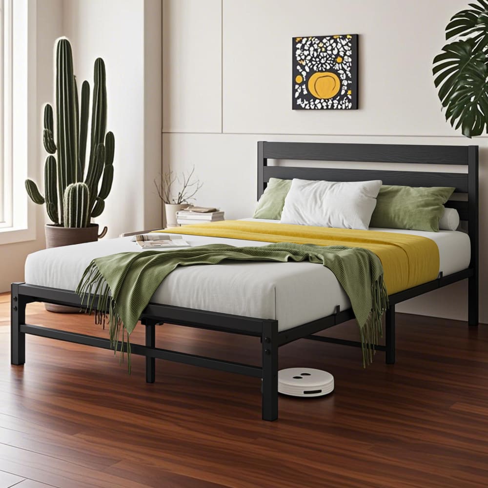 Lit en métal avec tête de lit confortable 90x200 cm noir sans matelas