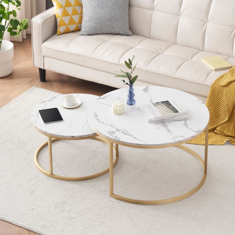 Couchtisch-Set aus Metall mit MDF-Tischplatte, Gold+Weiß -