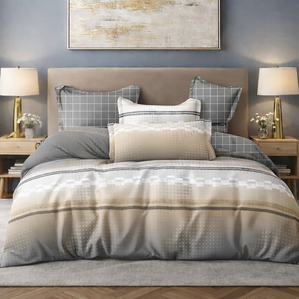 Parure housse de couette en coton imprimé graphique gris 240x220 cm