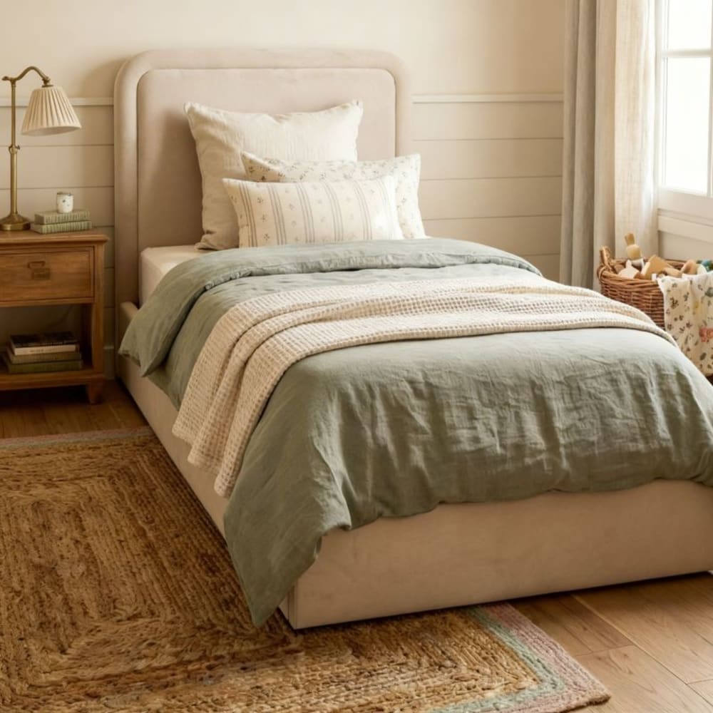 Gepolstertes Bett mit Stauraum Spanplatte beige 100x97x205cm -